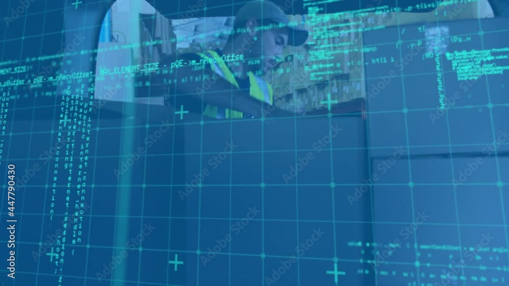 Poster data processing over grid network against caucasian delivery man stacking delivery boxes in his van