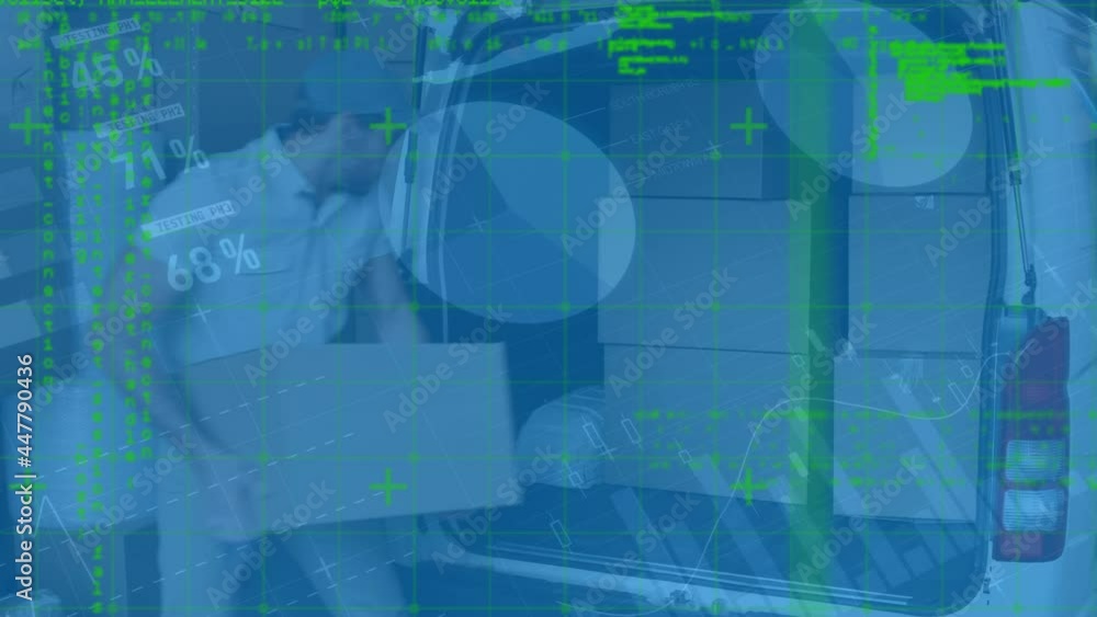 Aufkleber statistical data processing against caucasian delivery man stacking delivery boxes in his van