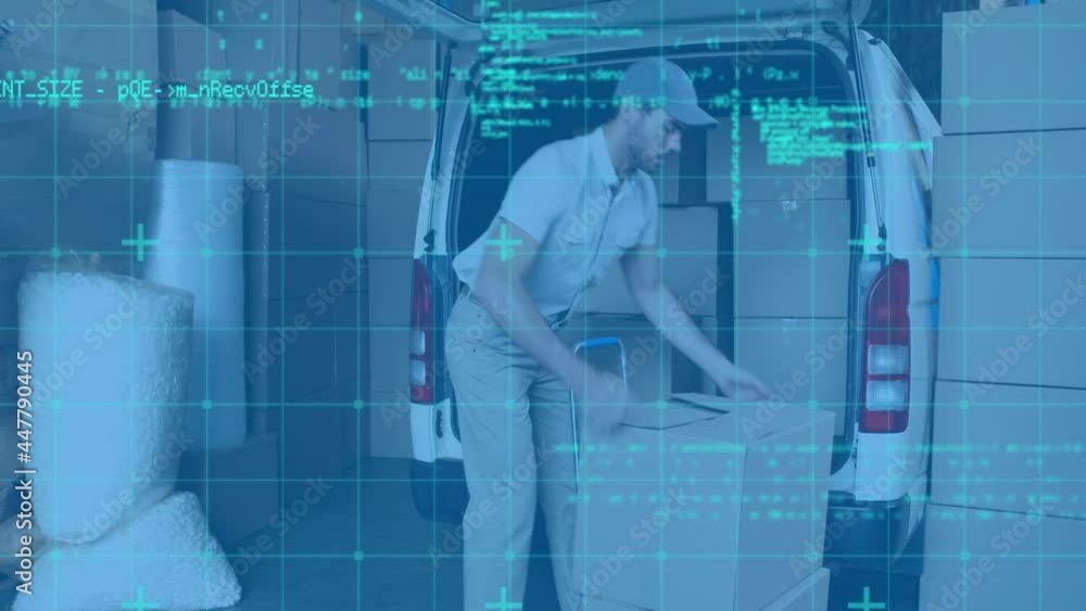 Poster data processing over grid network against caucasian delivery man stacking delivery boxes in his van