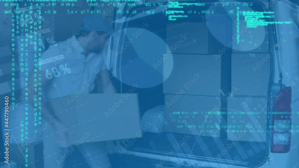 Poster statistical data processing against caucasian delivery man stacking delivery boxes in his van