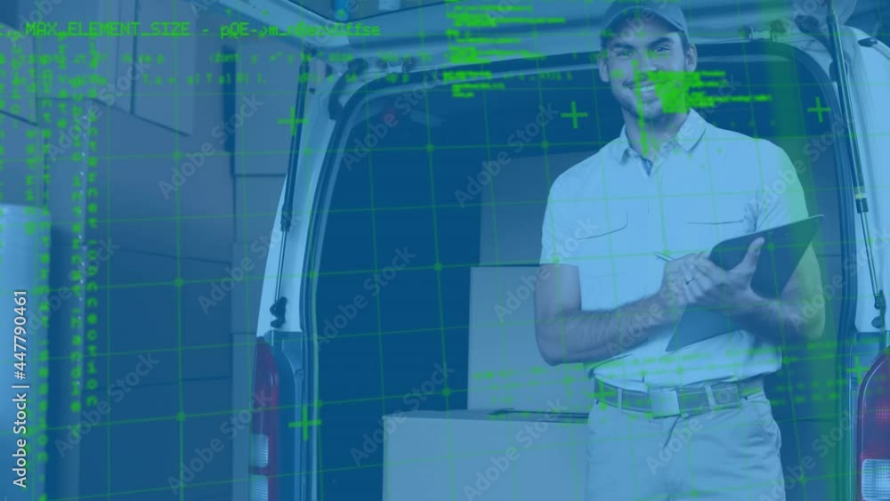 Poster data processing against caucasian delivery man with clipboard checking stock in the van