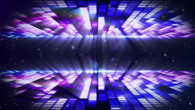 Animation of snow falling over glowing purple music equalizer