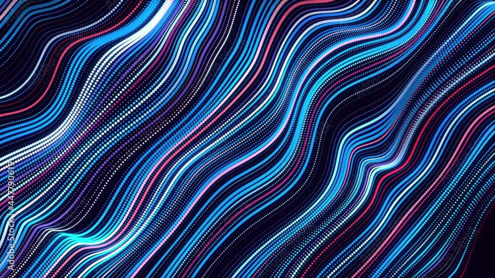 Poster particles form lines, lines form plane with waves. abstract waves run along flat surface. multi-colo