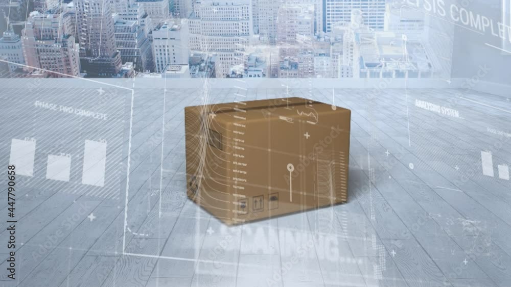 Aufkleber digital interface with data processing over delivery box on wooden surface against cityscape