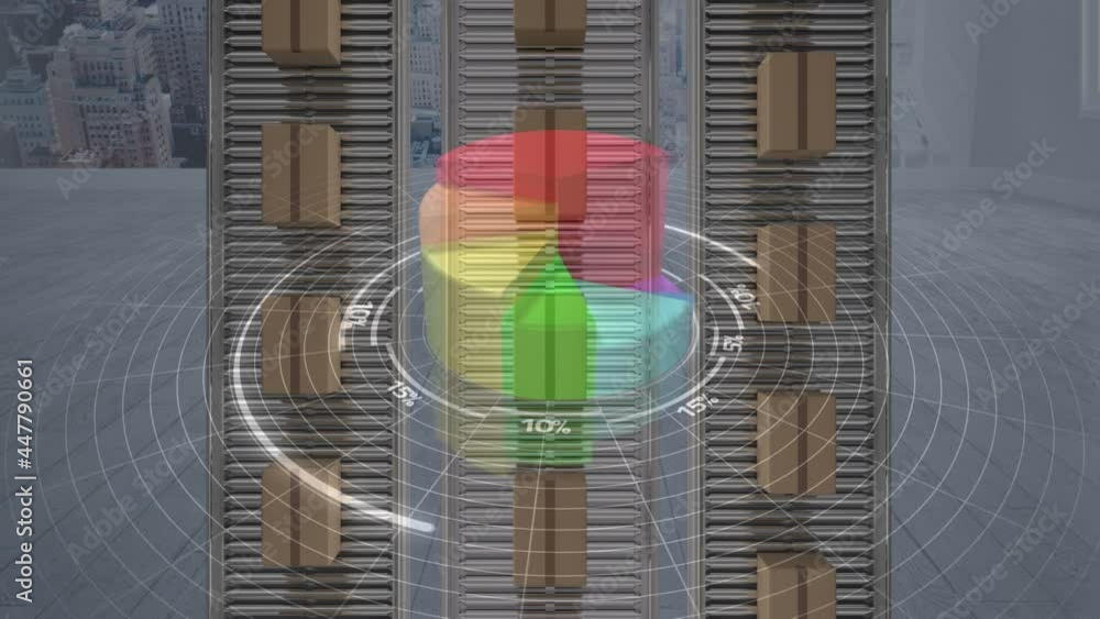 Aufkleber statistical data processing over delivery boxes on conveyor belt against cityscape