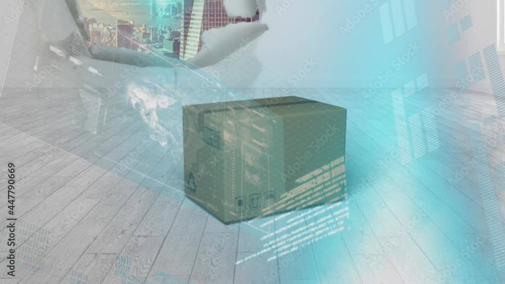 Aufkleber digital interface with data processing over delivery box on wooden surface against cityscape
