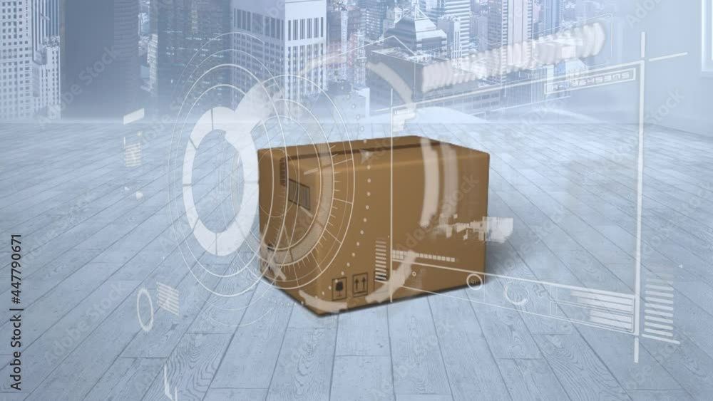 Aufkleber digital interface with data processing over delivery box on wooden surface against cityscape