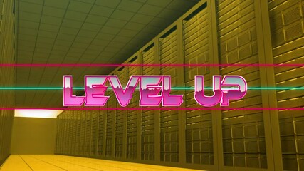 Animation of level up text in pink metallic letters over computer servers