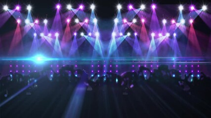 Animation of people dancing in club music venue with blue light moving over glowing spotlights
