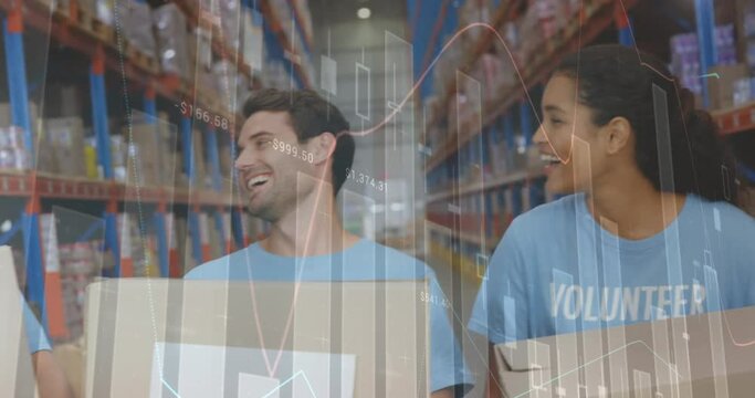 Animation of statistics and data processing over smiling volunteers working in warehouse