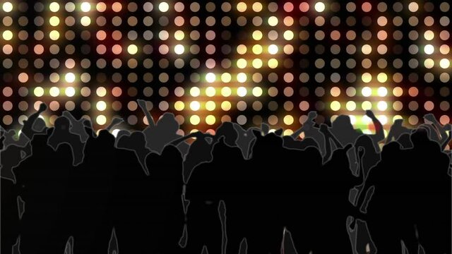 Animation of people dancing in club music venue with moving glowing spotlights