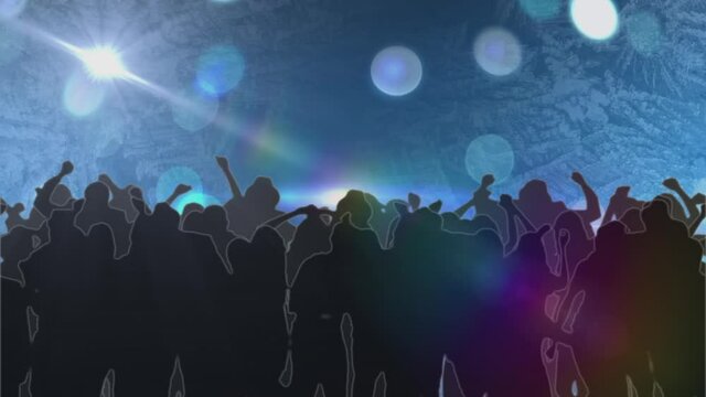 Animation of people dancing in club music venue with light moving over glowing spotlights