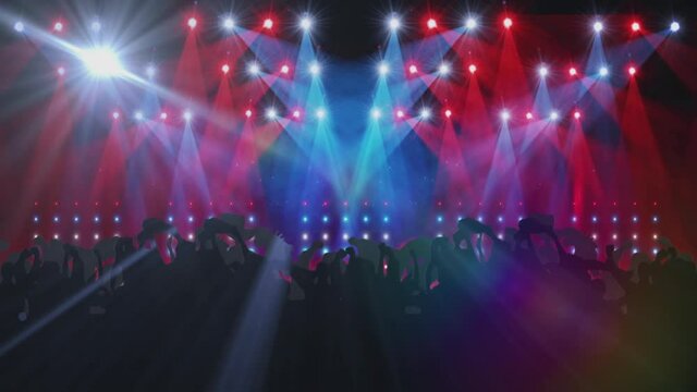 Animation of people dancing in club music venue with glowing spotlights