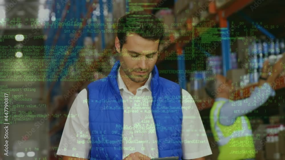 Poster animation of data processing over man using smartphone in warehouse