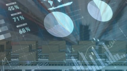 Animation of financial data processing over boxes on conveyor belts in warehouse - Powered by Adobe