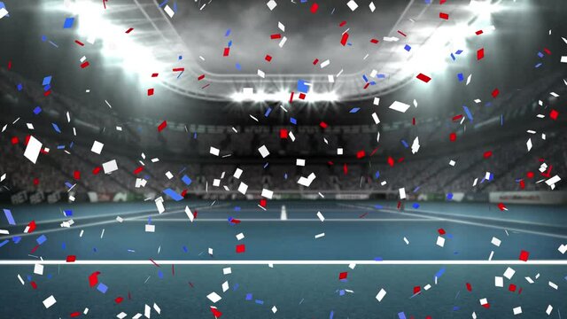 Animation of blue and red confetti falling over sports stadium