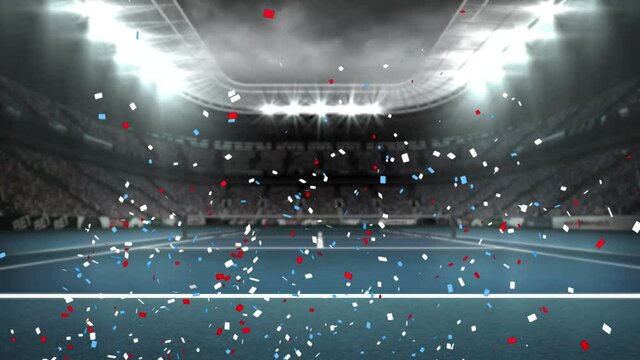 Animation of blue and red confetti falling over sports stadium