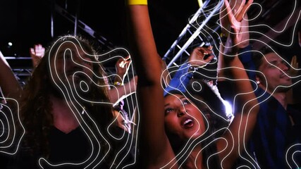 Animation of white contour lines moving over happy diverse crowd dancing at music festival