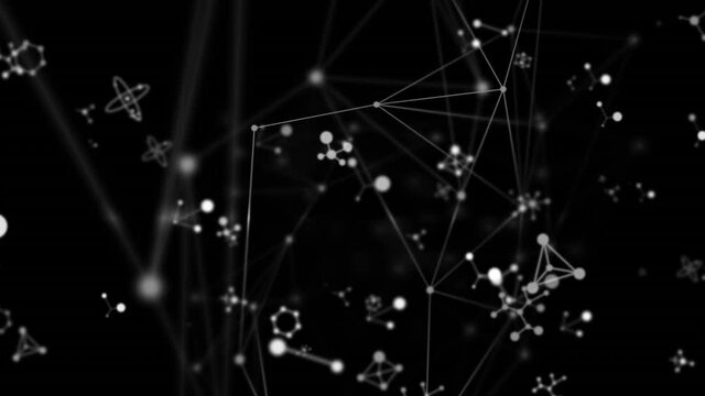Digital animation of molecular structures and network of connections against black background
