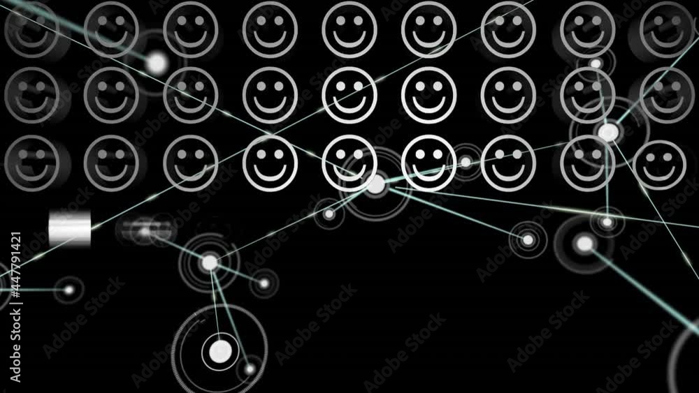 Poster Digital animation of rows of smiling face emojis against network of connections on black background