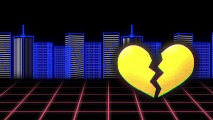 Digital animation of yellow broken heart icon 3d city model against black background - Powered by Adobe
