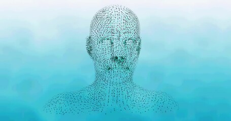 Animation of human head formed with binary coding spinning over blue background - Powered by Adobe