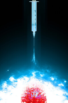 Creative computer graphics CG 3D illustration related to the pandemic of covid-19 depicting an infectious corona virus variant cell destroyed by the shield of a vaccine injected with a syringe.