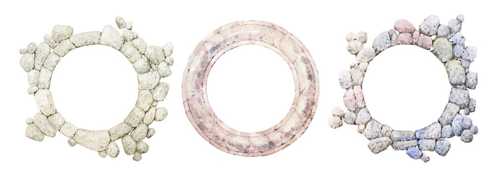 Stone round frame on a white background. Stone portal painted in watercolor. A set of frames made of wild stone and marble. Wild masonry walls with a round opening.