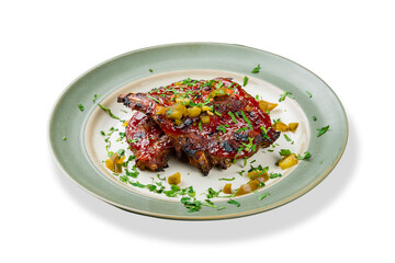 Barbecue pork ribs on beautiful plate isolated on white