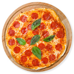 Pepperoni pizza with basil on wooden board isolated on white top view