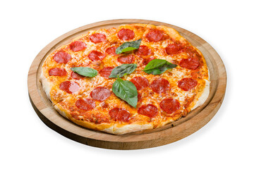 Pepperoni pizza with basil on wooden board isolated on white