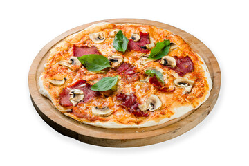 Pizza with ham and mushrooms on the board isolated on white