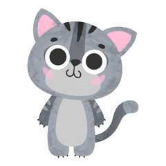 Cute gray kitty, kitten, cat with big eyes, black stripes on white background. Vector illustration for postcard, banner, web, decor, design, arts, calendar.