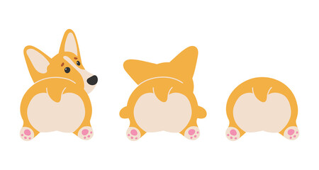 Cute ginger dog, Welsh Corgi Pembroke, back view. Corgis heart butt isolated on white background. Vector illustration for postcard, banner, web, decor, design, arts, calendar.