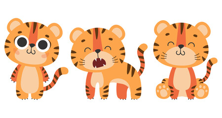 Set of cute standing, sitting tiger, tiger cub with brown stripes, symbol of new 2022 year on white background. Vector illustration for postcard, banner, web, decor, design, arts, calendar.