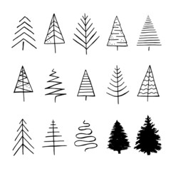 Obraz premium Christmas trees abstract set hand drawing sketch in doodle style isolated on white background. Vector stock illustration. 