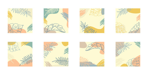 Tropical leaves and colored spots hand drawing in earthy colors, set of square abstract backgrounds with copy space. Monstera and palm leaves.Vector stock illustration. 