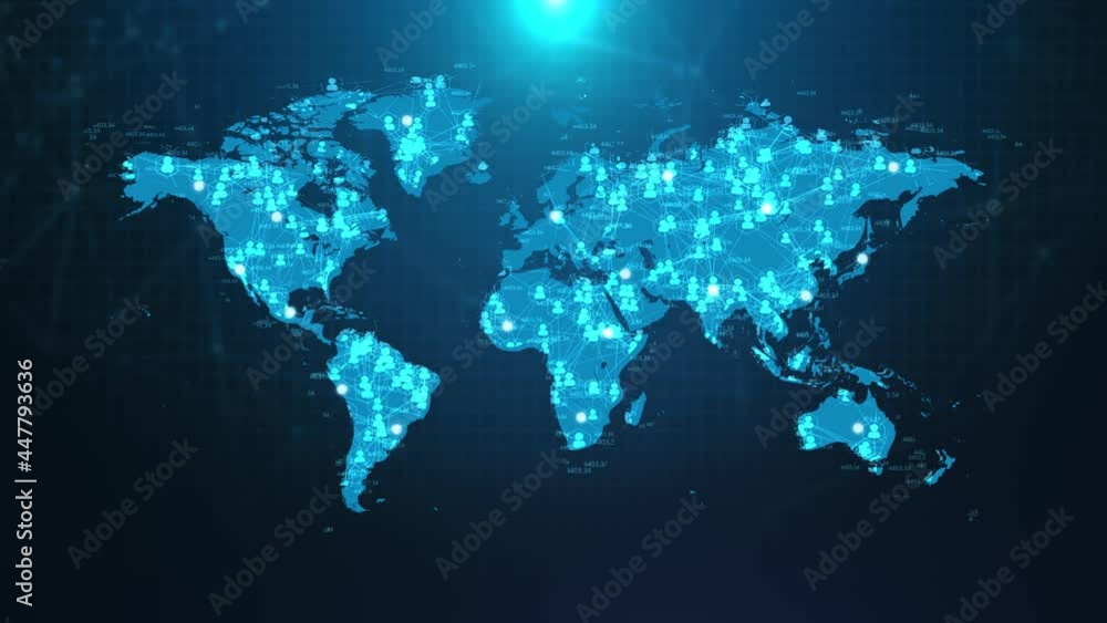 Aufkleber 4k loop world map user icon global communication animation digital technology, business background, 