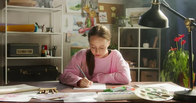 Young woman artist painting graphic on white paper using a pencil. Female painter drawing illustration with grey pencils sitting in professional art school. Fashion designer draws clothes in workshop.