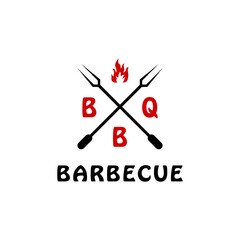 barbecue logo with smoldering fire, sausage and fork logo with cross shape