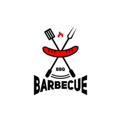 barbecue logo with smoldering fire, sausage and fork logo with cross shape