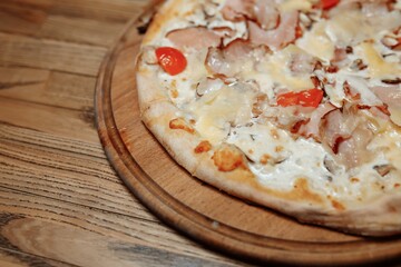 Pizza on wooden table top view. Fast food. Post blog social media. with copy space. Pizza ready to eat