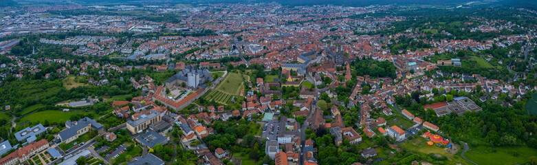 Fototapeta na wymiar Aerial view of the city Bamberg in Germany Bavaria, on a cloudy day in spring.
