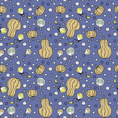Halloween seamless pattern. Magical doodle witch potions and pumpkins. Design for T-shirt, textile and prints.
