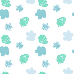 Summer strawberries and spotted flowers seamless  pattern in soft blue colors. Design for T-shirt, textile and prints. Hand drawn illustration for decor and design.