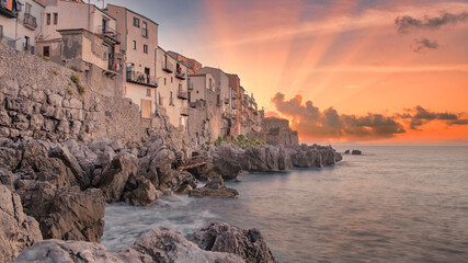Scenic view in Cefalù on a sunny summer day. Province of Palermo, Sicily, southern Italy. Historic and travel place.