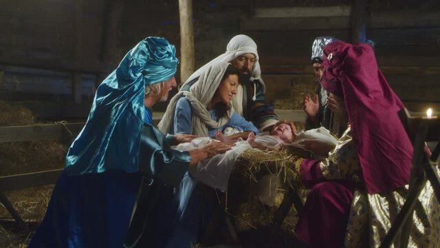 Wise Men visiting Jesus Christ after birth nativity scene