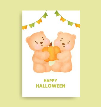 Watercolor halloween bear holding pumpkin card .