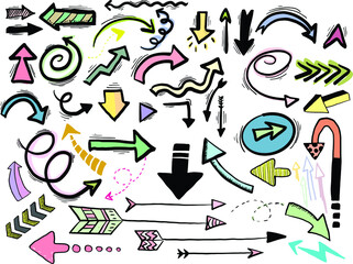 Fototapeta na wymiar Hand drawn arrow set, collection of black direction pencil sketch symbols, vector illustration graphic design elements