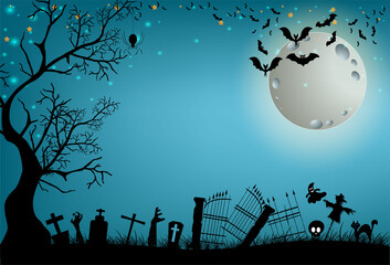Halloween and full moon in the dark night.Dark castle on full Moon background.Ghost and flying bats, tomb,scary,decoration.Vector Halloween party decoration and flat style concept.